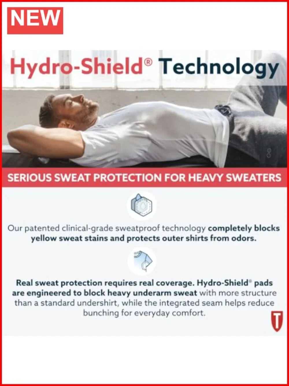 Sweatproof Cotton Crew Neck Undershirt for Men, Blocks Sweat & Stains